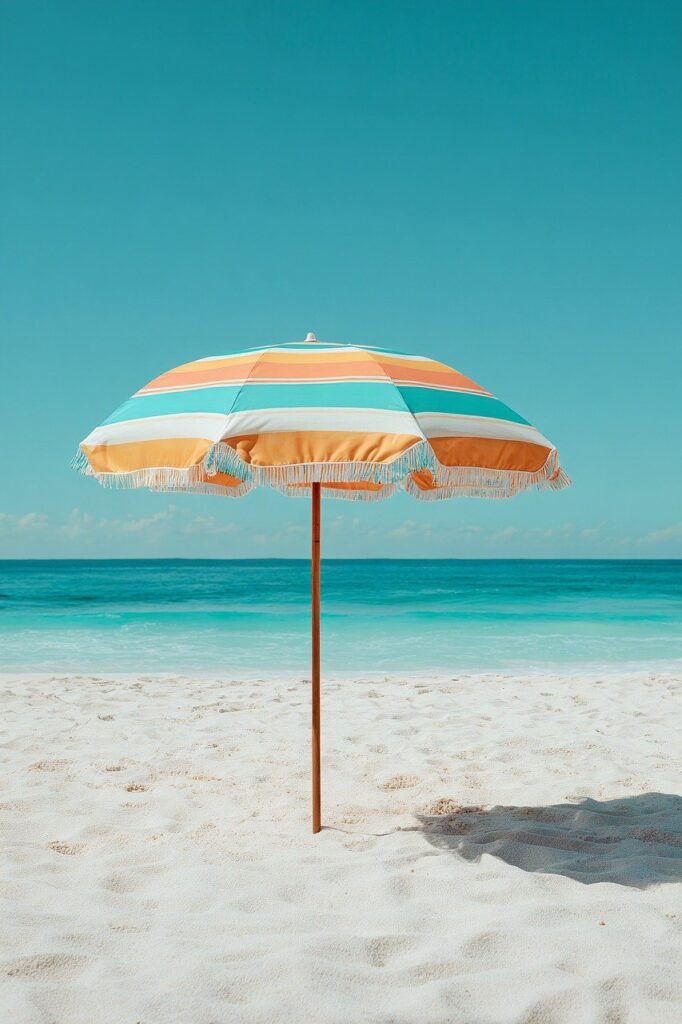 umbrella, beach, summer, sand, nature, teal, orange, sunny